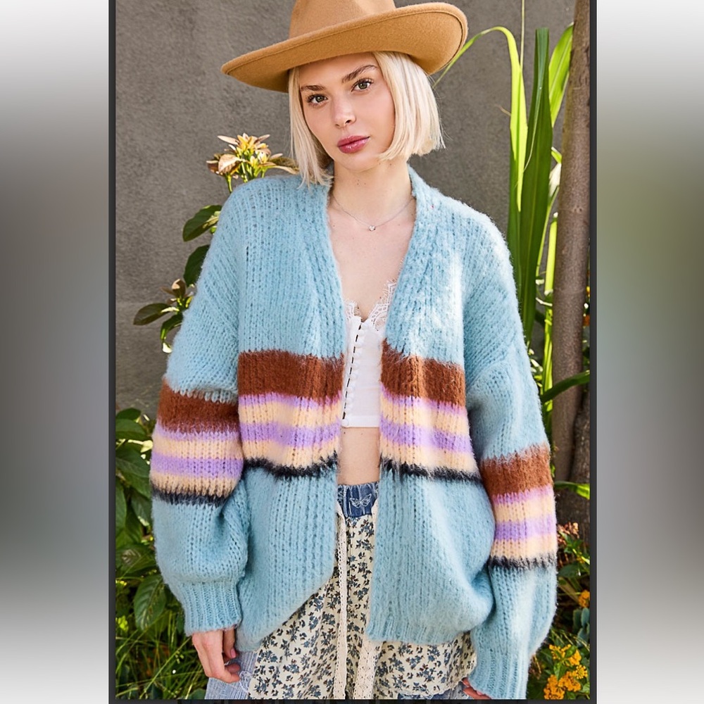 POL Blue and Brown Striped Cardigan NWOT